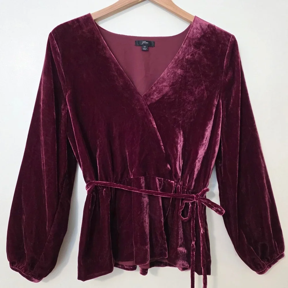 J Crew Velvet Faux Wrap Top Sz 10 Puff Sleeve Whimsigoth Office Blouse